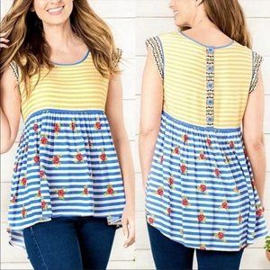 Matilda Jane M Yellow Blue Stripe Floral Top ON‎ MY MIND Hi Low